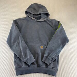 Faded Carhartt Original Fit Hoodie Size S Gray with Graphic Logo on sleeve